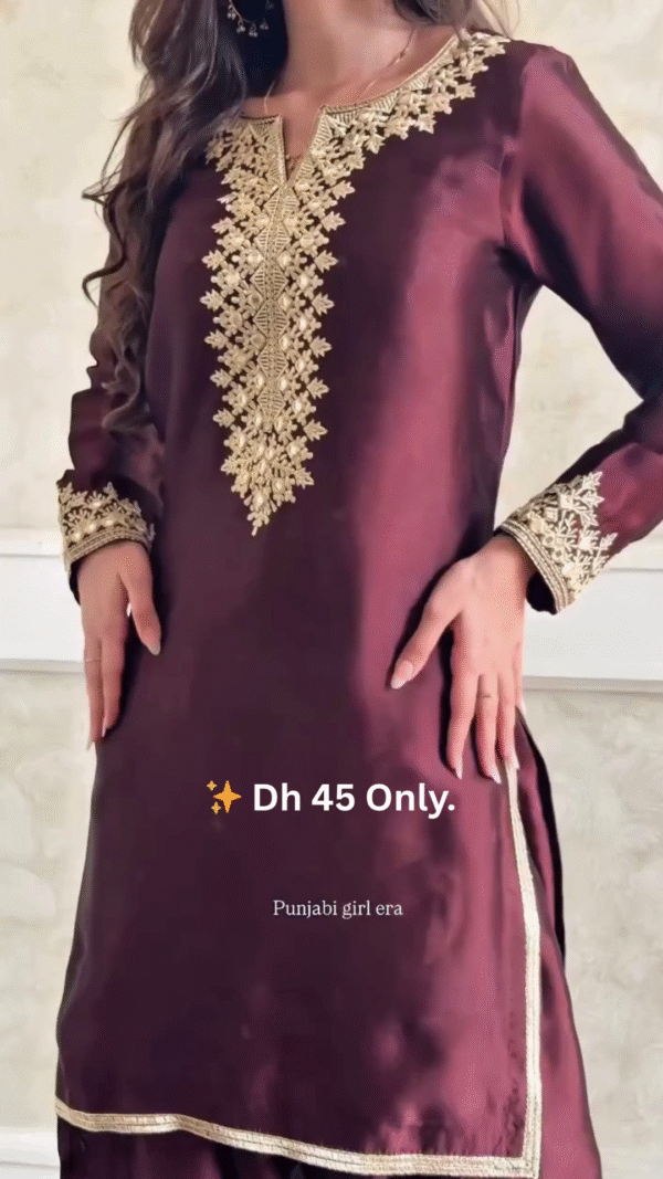 👑 Maroon Silk Suit with Golden Embroidery – Dh 45 Only - Image 2