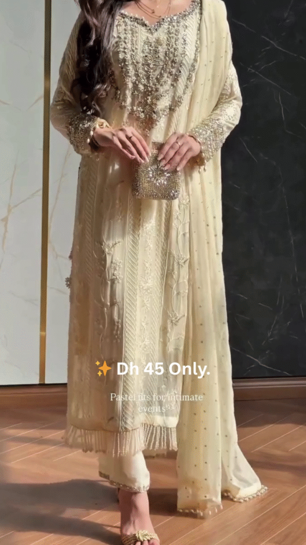 ✨ Pastel Gold Embroidered Long Suit – Dh 45 Only